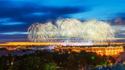 All-Russian holiday for schoolchildren "Scarlet Sails" in St. Petersburg. Fireworks on the bank of the Peter and Paul Fortress, view from the roof