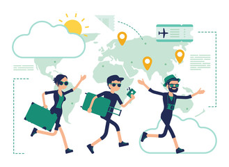 Travelling people take a trip. Group of tourists with luggage in a hurry to plane for air travel, running aircraft passengers. Vector abstract illustration with faceless character, map background