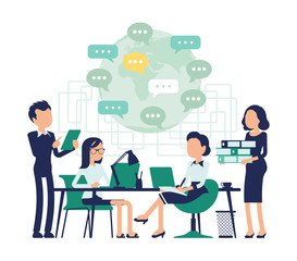 Meeting for business people. Male, female office managers together at table discuss cooperate project, colleagues at teamwork exchange new ideas. Vector abstract illustration with faceless character