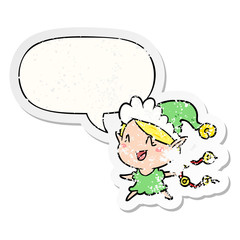 cartoon happy christmas elf and speech bubble distressed sticker