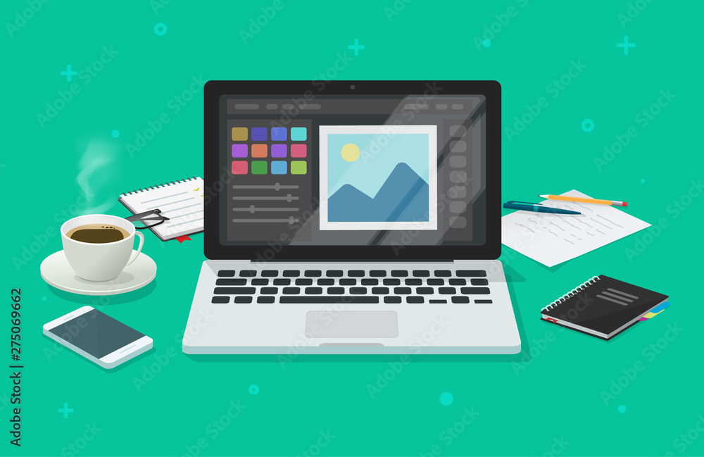 Poster photo or graphic editor on computer vector illustration, flat cartoon laptop screen with design or i