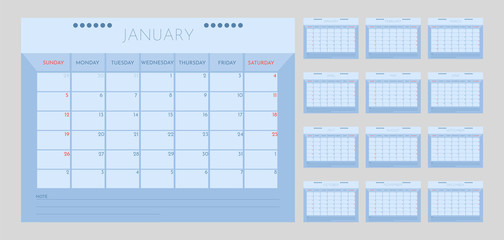 Vector of 2019 new year calendar in minimal table simple style. Blue colors.
