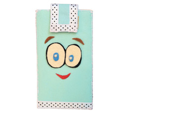 Handmade phone case made of felt. Fictional character - face with big eyes and smile.
