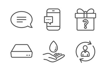 Chat, Water care and Secret gift icons simple set. Smartphone message, Mini pc and Person info signs. Speech bubble, Aqua drop. Business set. Line chat icon. Editable stroke. Vector
