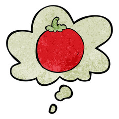 cartoon tomato and thought bubble in grunge texture pattern style