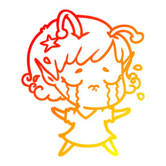 warm gradient line drawing cartoon crying alien girl