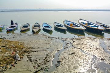 Boats on the riverbank of Ganges river, Varanasi, India