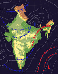 India. Realistic synoptic map of the India showing isobars and weather fronts. Meteorological forecast on a dark background. Editable vector illustration of a generic weather map. EPS 10 - obrazy, fototapety, plakaty