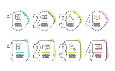 Puzzle, Payment methods and Search text icons simple set. Web shop sign. Engineering strategy, Credit card, Find word. Shopping cart. Business set. Infographic timeline. Line puzzle icon. Vector