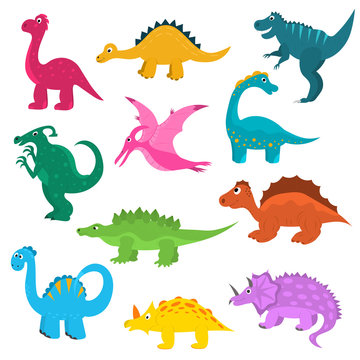 Cartoon Color Cute Dinosaurs Icon Set. Vector