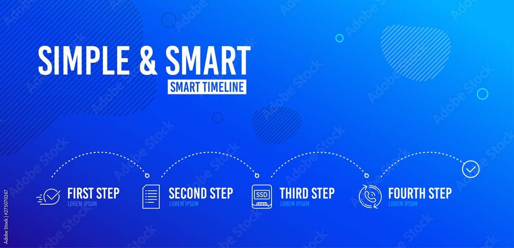 Poster infographic timeline. ssd, checkbox and document icons simple set. call center sign. memory disk, ap