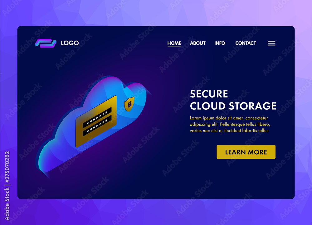 Poster secure cloud storage technology website template concept. cloud, password and padlock. protected clo