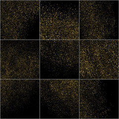  Set of Gold Glitter Texture Isolated on Black. Amber Particles Color. Celebratory Background. Golden Explosion of Confetti. Digitally Generated Image. Vector Illustration, EPS 10.