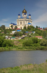 Ascension cathedral and Bystraya Sosna river in Yelets. Russia