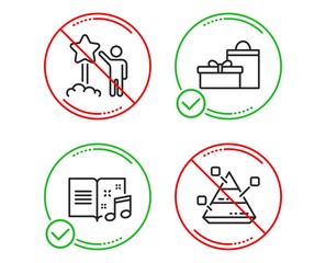 Do or Stop. Music book, Star and Gifts icons simple set. Pyramid chart sign. Musical note, Launch rating, Birthday boxes. Report analysis. Business set. Line music book do icon. Prohibited ban stop