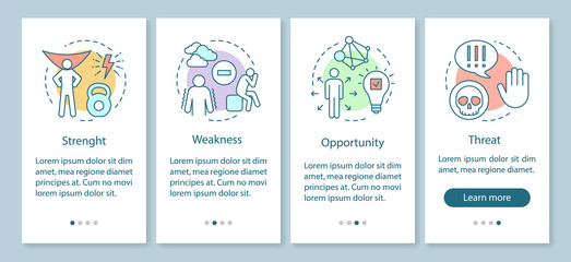 Fototapeta na wymiar SWOT analysis onboarding mobile app page screen with linear concepts. Strength, weakness, opportunity, threat walkthrough steps graphic instructions. UX, UI, GUI vector template with illustrations
