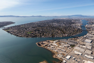 Aerial of Alameda Insalnd and San Francisco Bay near Oakland, California.