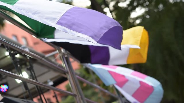 Slow motion shot of Pride flahgs