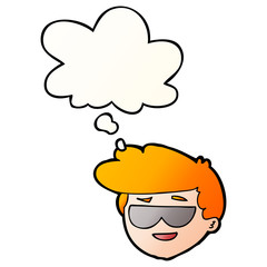 cartoon boy wearing sunglasses and thought bubble in smooth gradient style