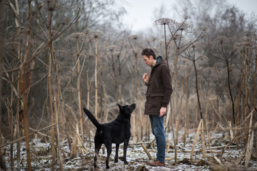 A man with a mongrel dog walking on a winter meadow