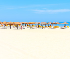 Tropical Beach with chairs and Straw Umbrella