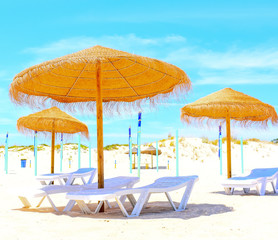 Tropical Beach with chairs and Straw Umbrella