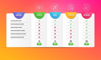 Paint brush, Report checklist and Cogwheel blueprint icons simple set. Comparison table. Face search sign. Creativity, Sales growth file, Edit settings. Find user. Business set. Pricing plan. Vector