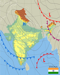 India. Realistic synoptic map of the India showing isobars and weather fronts. Meteorological forecast. Topography and physical map of country with national flag. Vector illustration. EPS 10 - obrazy, fototapety, plakaty