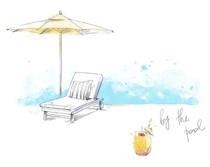 By the pool. Sunbed and unbrella with refreshing cocktail