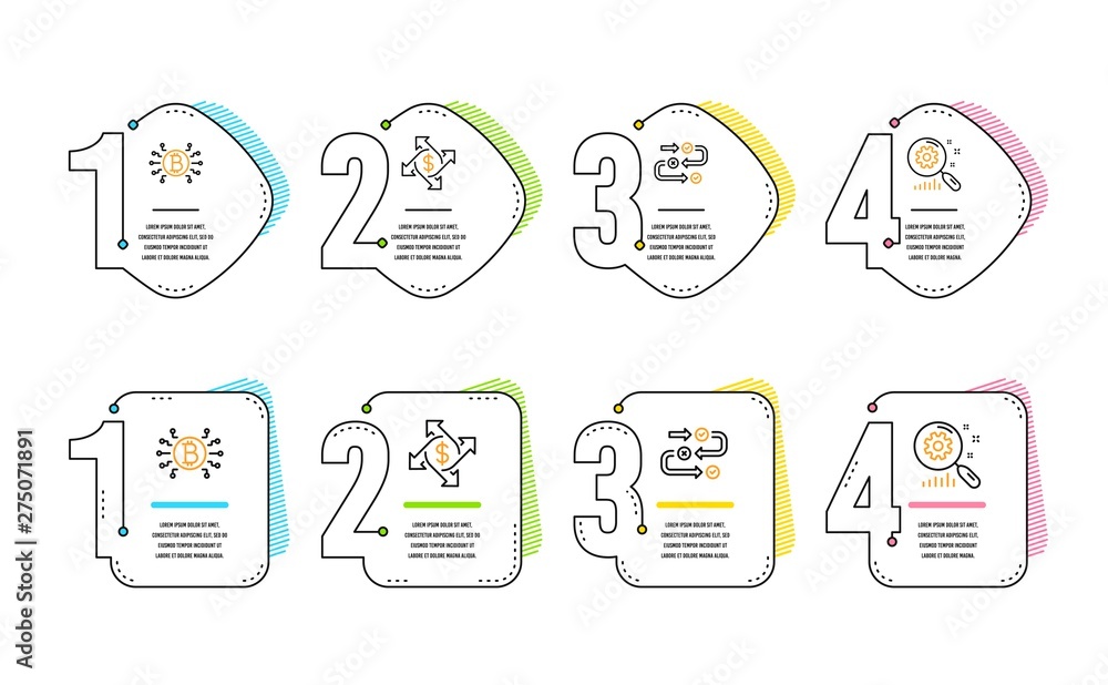 Poster payment exchange, bitcoin system and survey progress icons simple set. search statistics sign. money