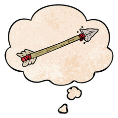 cartoon arrow and thought bubble in grunge texture pattern style