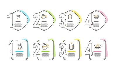 Cooler bottle, Cocktail and Coffeepot icons simple set. Espresso cream sign. Water drink, Fresh beverage, Brewed coffee. Cafe con panna. Food and drink set. Infographic timeline. Vector