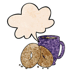 cartoon coffee and donuts and speech bubble in retro texture style