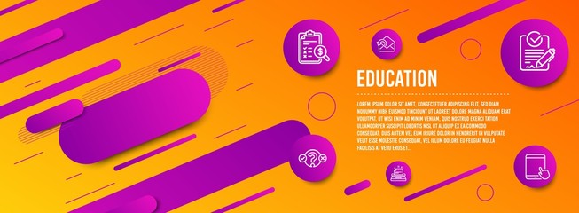 Header banner. Rfp, Accounting report and Quiz test icons simple set. Send mail, Typewriter and Tablet pc signs. Request for proposal, Check finance. Education set. Line rfp icon. Gradient elements