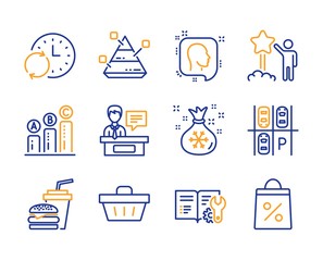Star, Head and Shopping basket icons simple set. Graph chart, Hamburger and Santa sack signs. Update time, Engineering documentation and Pyramid chart symbols. Line star icon. Colorful set. Vector