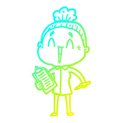 cold gradient line drawing cartoon happy old lady
