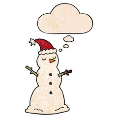 cartoon snowman and thought bubble in grunge texture pattern style