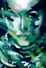 Beautiful young fashion woman with military style clothing and face paint make-up, khaki colors, halloween celebration