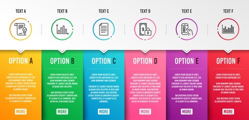 File, Diagram graph and Approved agreement icons simple set. Mobile survey, Private payment and Bar diagram signs. Paper page, Presentation chart. Education set. Infographic template. 6 steps timeline