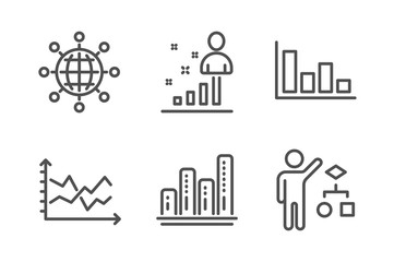 International globe, Histogram and Diagram chart icons simple set. Graph chart, Stats and Algorithm signs. World networking, Economic trend. Education set. Line international globe icon. Vector