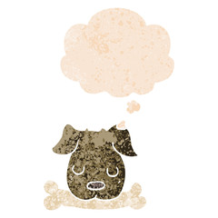 cartoon dog with bone and thought bubble in retro textured style