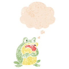 grumpy cartoon frog and thought bubble in retro textured style