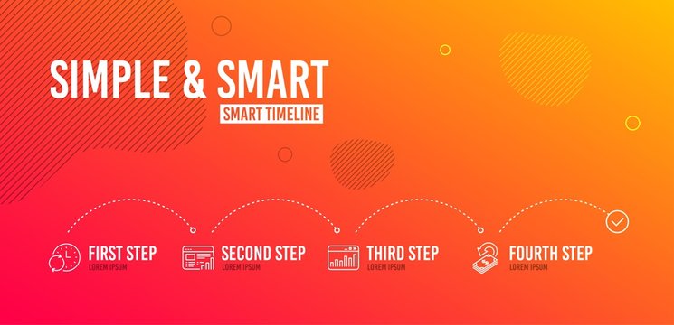 Infographic timeline. Marketing statistics, Web report and Update time icons simple set. Cashback sign. Web analytics, Graph chart, Refresh clock. Financial transfer. Education set. Vector