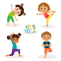 Yoga Kids Poses Vector Cartoon Illustration. Little Girls And Boys Doing Yoga Set. Gymnastics For Children And Healthy Lifestyle. Vector Illustration.