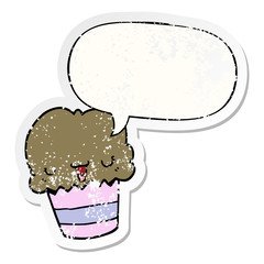 cartoon cupcake and face and speech bubble distressed sticker