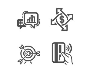 Set of Payment exchange, Target and Graph chart icons. Contactless payment sign. Money transfer, Targeting, Growth report. Bank money.  Classic design payment exchange icon. Flat design. Vector