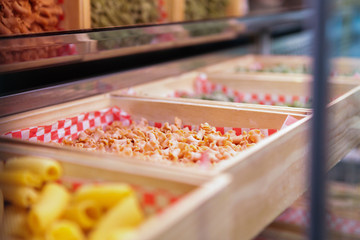 Different types of pasta are in the boxes 