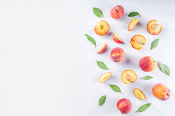 Fresh organic peaches, simple pattern, layout on white background