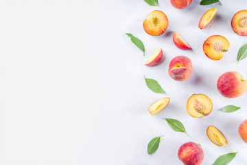 Fresh organic peaches, simple pattern, layout on white background