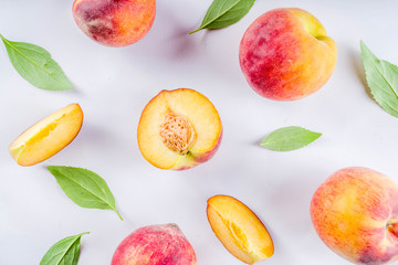 Fresh organic peaches, simple pattern, layout on white background